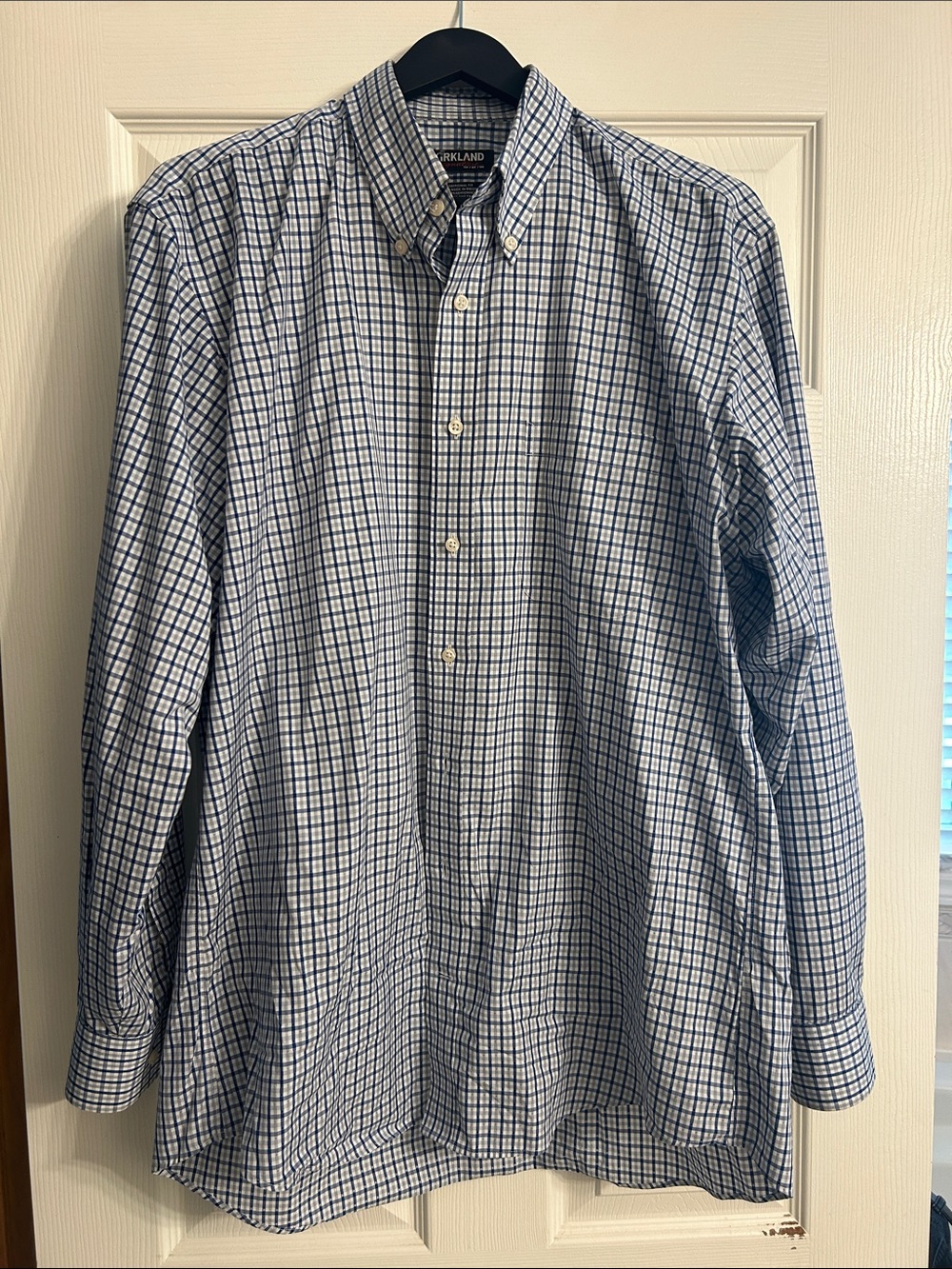 Kirkland Signature White and Blue Check Button-Down Shirt
